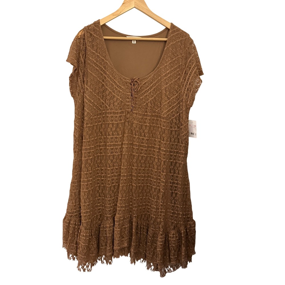 Lucky Brand Lace Mini Dress Womens XXL Brown NWT Boho Ruffle Lace-Up 146650